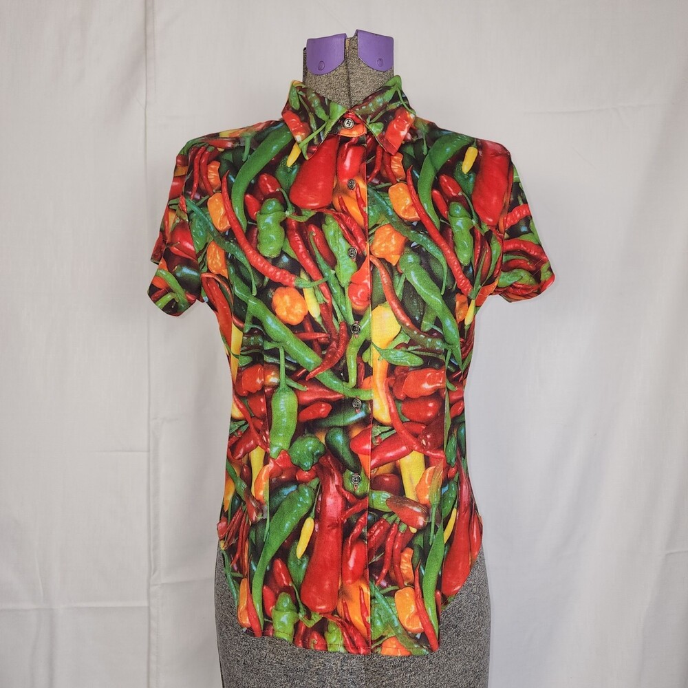 TODD OLDHAM Times Seven Y2K 90s Button Shirt Hot Chili Peppers Allover Size S